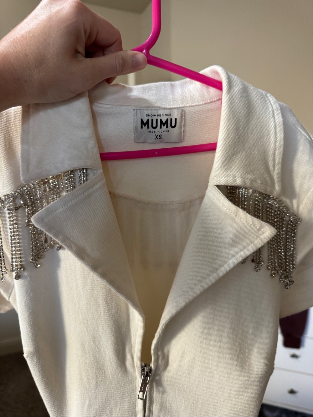 White Short Sleeve Zip-Front Romper with Embellished Belt - Picture 9 of 16